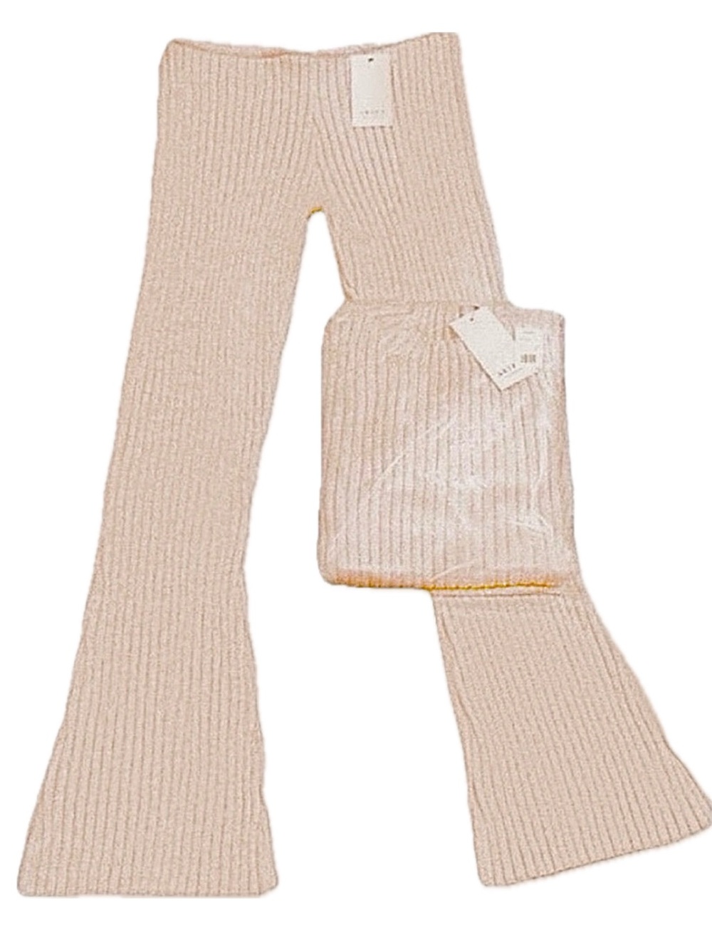 👖👕 AKIRA Chic Beige Ribbed Knit Mini Dress & Flared Pant Set | Women’s Plus 1X